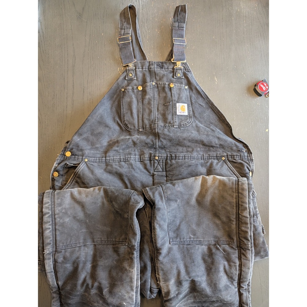 Vtg Carhartt Black Duck Insulated Overalls Double Knee 48-50 Distressed Workwear